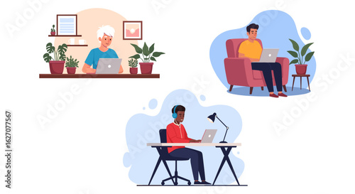Diverse individuals comfortably working remotely on laptops in their home environments. Ideal for concepts of productivity, online learning, and flexible work.