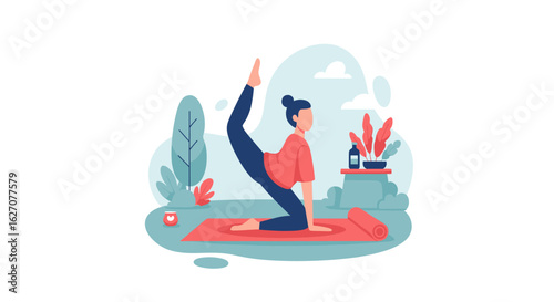 Woman performing yoga on a mat in a serene setting, promoting health, balance, and mindful living. Ideal for wellness and lifestyle content.