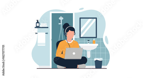 Person working remotely on laptop in a bathroom, wearing headphones, highlighting focus and unconventional work-life balance in a home setting.