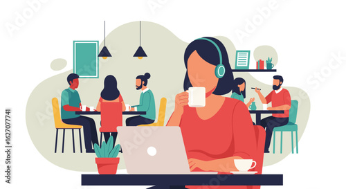Focused woman with headphones works on a laptop in a lively coffee shop, blending modern work style with a relaxed cafe atmosphere. Ideal for remote work and freelance concepts.