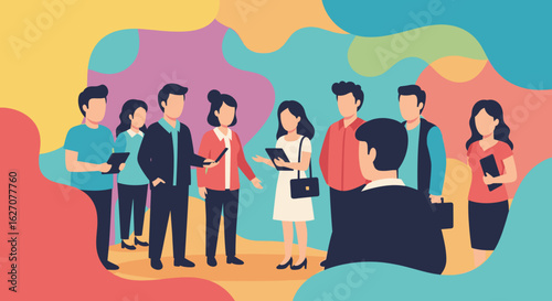 Diverse group of professionals collaborating in a vibrant, modern setting. Represents teamwork, communication, and business discussion in a colorful, energetic environment.