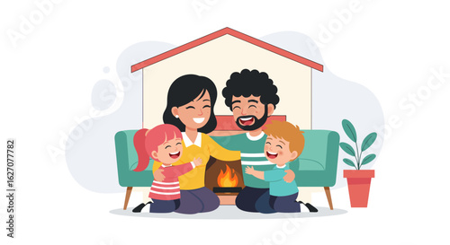A joyful family embraces by the fireplace in their cozy home, symbolizing warmth, happiness, and secure living. Ideal for lifestyle, real estate, and financial concepts.