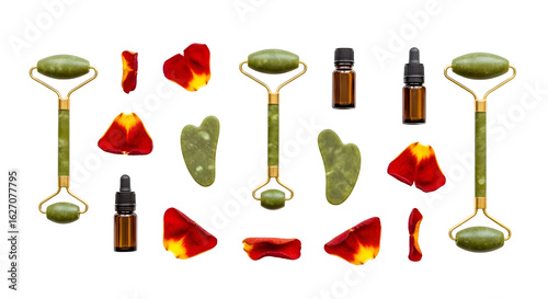 Display Features Jade Rollers, Gua Sha, Essential Oil Bottles, and Rose Petals on Black