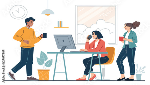 Diverse colleagues collaborating happily in a modern office, fostering teamwork and productivity. Ideal for business and lifestyle visuals.