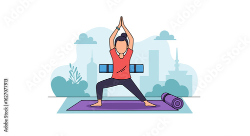 Woman practicing yoga outdoors in a city setting, promoting wellness, balance, and a healthy lifestyle. Ideal for fitness and urban living concepts.