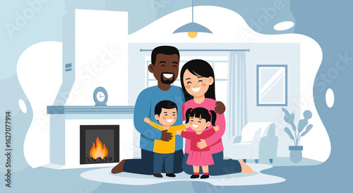 Happy diverse family enjoying quality time together in their cozy living room, symbolizing love, togetherness, and secure home life.