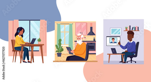 Diverse individuals connect digitally from home, showcasing remote work, online learning, and modern communication in various domestic settings.