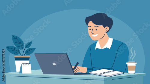 Smiling person diligently working on a laptop at a modern desk with coffee and plant. Ideal for business, remote work, or online learning concepts.