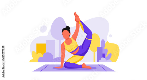 Woman in King Dancer yoga pose on a mat, demonstrating flexibility and wellness in an urban park setting. Ideal for health, fitness, and lifestyle content.