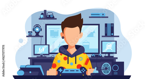 Young person deeply engaged in online gaming or streaming at a multi-screen home setup, illustrating modern digital entertainment and lifestyle.