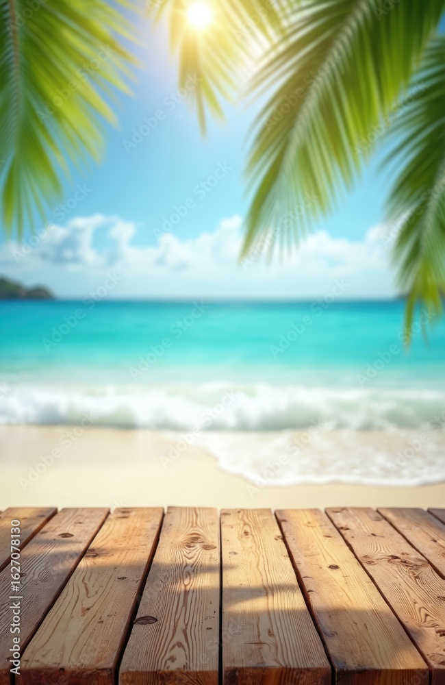Fototapeta premium Wooden table foreground on tropical beach. Blurred ocean waves, palm leaves background. Sunny blue sky, white sand shore. Natural scene for product display, summer vacation themes.