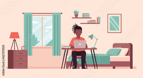 Young person with dreadlocks works on laptop at desk in a cozy bedroom. Ideal for remote work, studying, or comfortable home productivity.