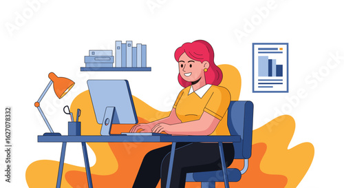 Happy woman working diligently on her computer at a modern desk, embodying productivity and professional success in a vibrant workspace.