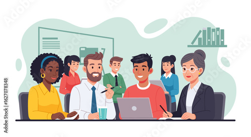 Diverse business professionals collaborate in a productive team meeting, fostering innovation and successful strategy in a modern office.