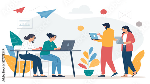Diverse team collaborating in a modern office, utilizing laptops and tablets for creative project development and digital communication.