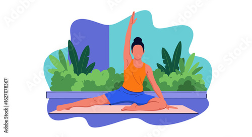 Illustrated person in a vibrant outdoor setting performing a side stretch, embodying fitness, wellness, and a balanced lifestyle.