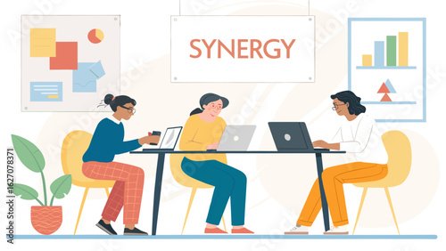 Diverse team of women working together on laptops, fostering synergy and productivity. Perfect for business collaboration and modern workplace themes.