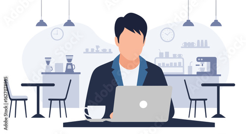 Professional male working remotely on a laptop in a modern cafe setting, symbolizing productivity, business, and flexible work.