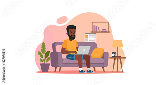 African American man working remotely on a laptop from his comfortable living room sofa. Represents modern work, freelance, and flexible lifestyle.