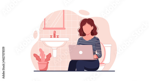 Woman works on laptop while sitting on a toilet, illustrating remote work flexibility and unconventional workspace habits.