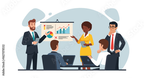 Business professionals conduct a meeting, presenting and discussing data on a whiteboard. Ideal for concepts of teamwork, strategy, and corporate development.