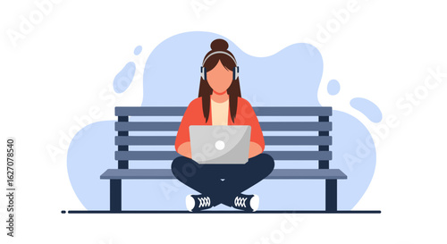 Woman with headphones works on laptop on a bench, symbolizing remote work, online learning, or a digital lifestyle. Ideal for technology and connectivity.