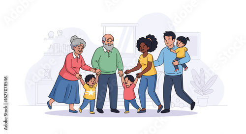 Joyful diverse multi-generational family happily together at home. Represents family values, love, support, unity, and harmonious relationships.