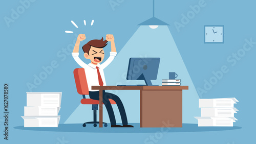 Excited businessman celebrates success at his desk, triumphant over tasks. Ideal for concepts of achievement, productivity, and overcoming challenges in the workplace.