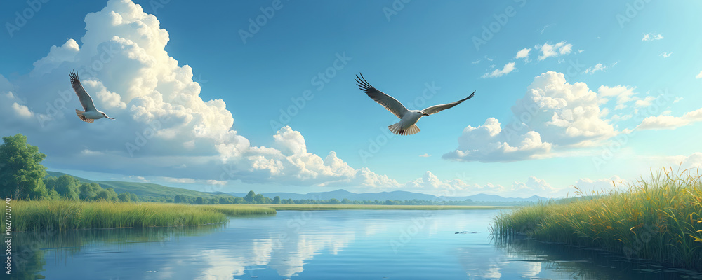 Obraz premium Serene landscape with calm lake in foreground, reflecting clear blue sky above. Two birds, white and brown, soar mid-flight, wings spread wide, over peaceful water, green field, trees.