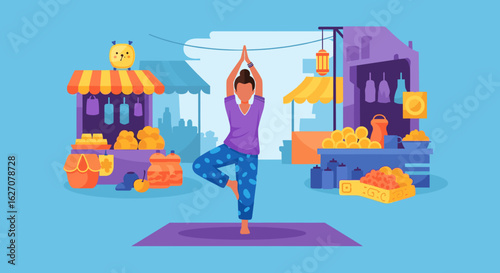 Woman practicing yoga (Tree Pose) on a mat amidst a vibrant Asian street market, symbolizing balance, wellness, and mindfulness while traveling or exploring local culture.