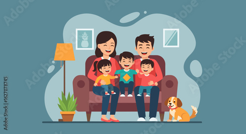 Joyful animated family of five and their dog enjoying quality time together on a cozy living room sofa. Represents happiness, togetherness, and secure family life.