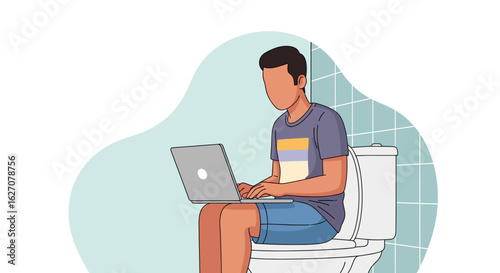 Person on toilet using laptop, illustrating remote work, privacy, and digital connection from unexpected places. Flexible work concept.