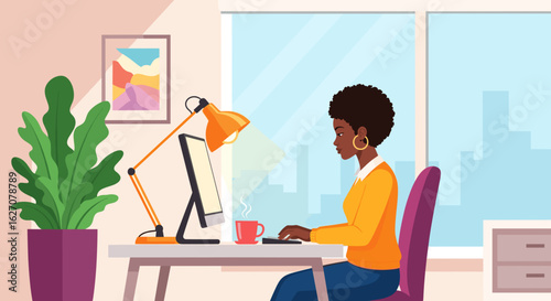 Focused Black woman working remotely at her home office desk with a computer and coffee, embodying productivity and modern professional life.