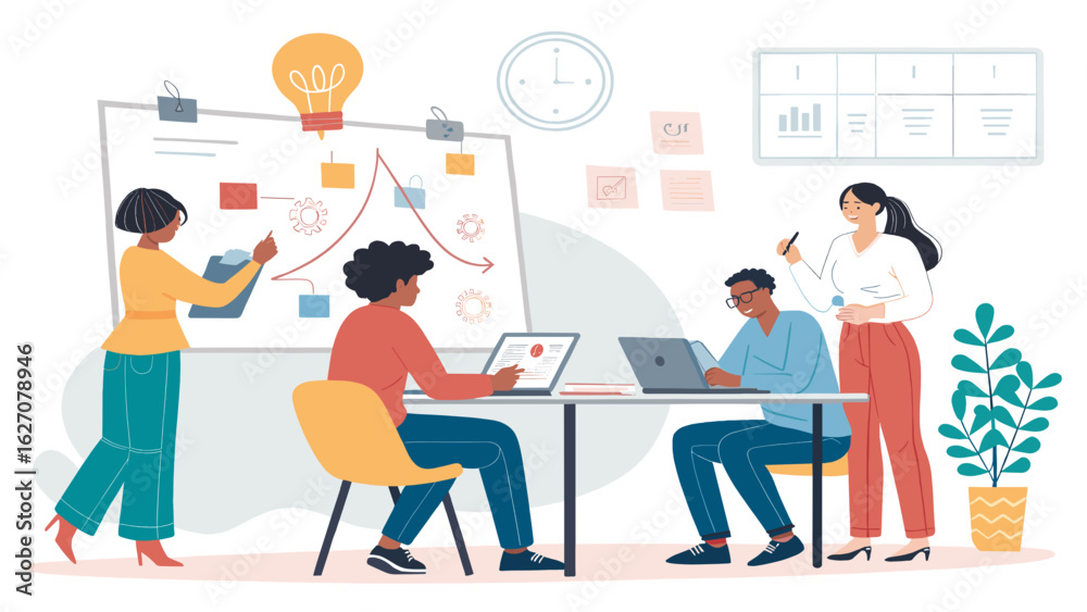 Fototapeta premium Diverse team collaborating in a modern office, brainstorming ideas and developing strategies. Perfect for business, innovation, and teamwork concepts.