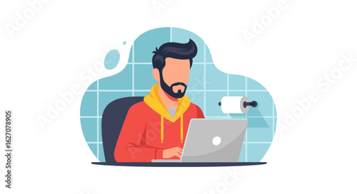 Man in a hoodie working on a laptop from an unconventional space, blending remote work, comfort, and productivity. Ideal for lifestyle and business concepts.