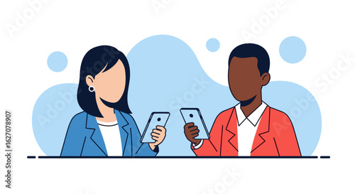 Two diverse individuals engage with their smartphones, symbolizing digital communication, networking, and technology in modern business and lifestyle settings.