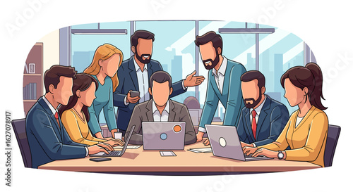 Diverse business team collaborating in an office meeting. Professionals discussing strategy, working together on laptops, symbolizing partnership and productivity.