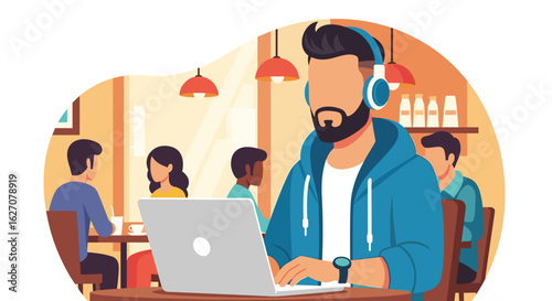 A focused man in headphones works on his laptop in a vibrant cafe, symbolizing remote work, digital lifestyle, and casual productivity.