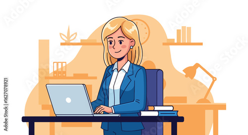 Professional businesswoman working efficiently on a laptop in a modern office setting, representing productivity, remote work, and career. Ideal for business concepts.