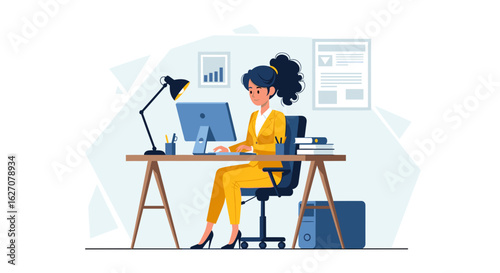 Professional woman focused on her work at a modern office desk. Illustrates productivity, business operations, and remote work concepts.