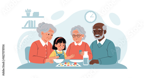 Joyful diverse family, multi-generational, playing board game at home. Happy bonding time, leisure activity, learning, and togetherness concept.