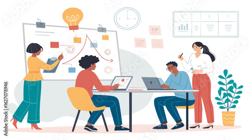 Diverse team collaborating in a modern office, brainstorming ideas and developing strategies. Perfect for business, innovation, and teamwork concepts.