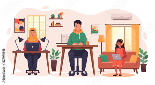 Diverse individuals collaborate remotely from their comfortable home workspaces, highlighting modern productivity and flexible work arrangements.