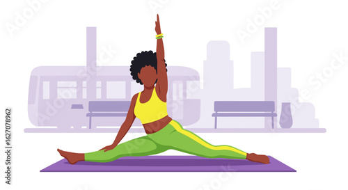 African American woman doing yoga splits on a mat in an urban setting. Depicts healthy lifestyle, flexibility, and wellness, suitable for fitness and sports concepts.