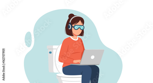 Woman in VR headset and headphones multitasking on a laptop while sitting on a toilet. Concept of working remotely, digital immersion, or always being connected.