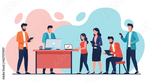 Diverse business team collaborating and utilizing technology in a modern office setting. Represents teamwork, productivity, and professional communication.