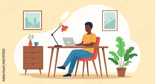 A young man works efficiently from his home office, embodying modern remote work and digital nomad lifestyle.