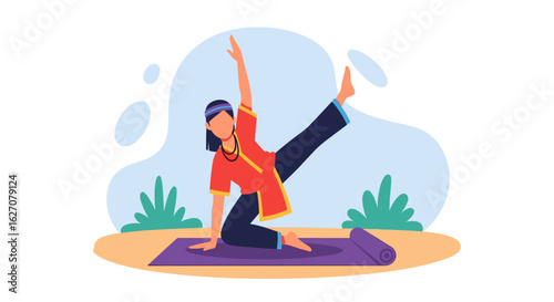 A woman performs a yoga pose on a mat with an abstract natural background, symbolizing balance, health, and a mindful lifestyle.