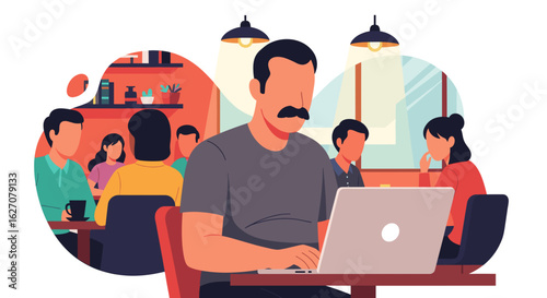 Man with mustache working on laptop in a vibrant cafe or co-working space, surrounded by people. Represents remote work, modern lifestyle, and digital connectivity.