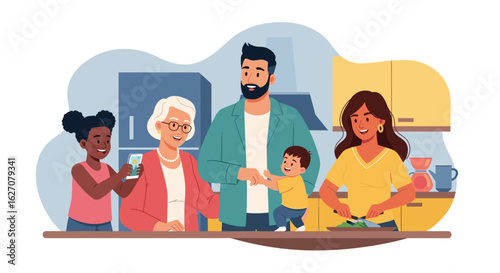 Happy multi-generational family in a bright kitchen, enjoying domestic life. Represents togetherness, family values, and home cooking.